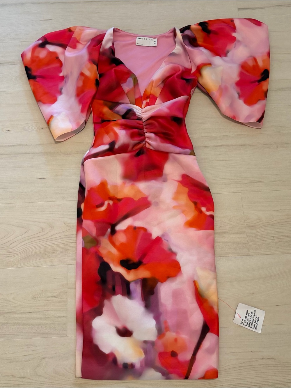 ASOS Pink & Red Floral Ruched V-Neck Midi Dress